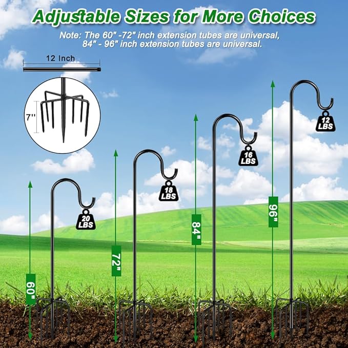 ANIDEER 72" Shepherds Hooks for Outdoor, Heavy Duty Bird Feeder Pole with 7 Base Prongs, Adjustable Garden Hanging Holder for Bird Feeders, Solar Light Lanterns, Garden Plant Hanger Stands, 2 Packs