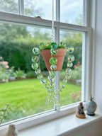 Bling Suncatcher String of Beads Plant Hanging, Handcrafted Crystal Succulent Sun Catchers for Window Hanging, Gardenn Crystal Sun Catcher Plant Lover Gift Mom Gifts (Green)