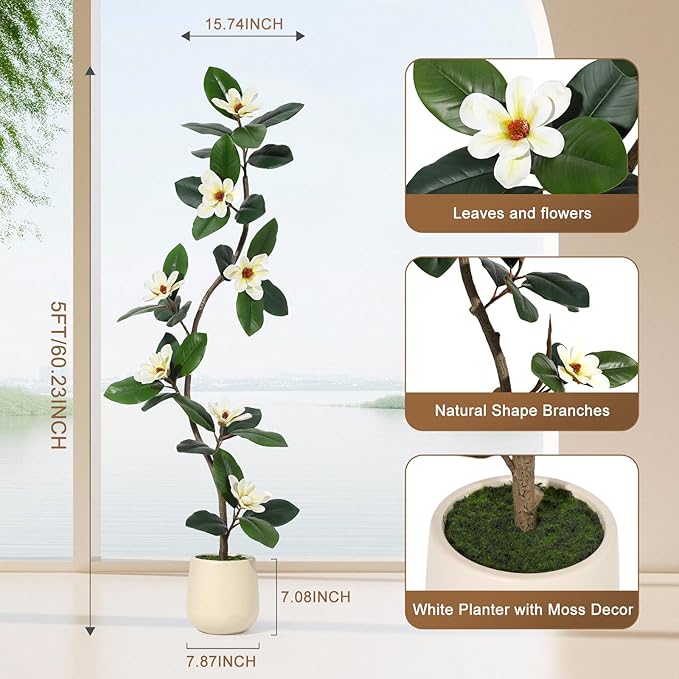 5ft Artificial Rubber Tree with 7 Pcs Magnolia Flowers,Tall Fake Tree with White Planter and Moss Decor,Faux Plants Indoor for Home Living Room Porch Decor