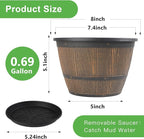 8-inch-Plant-Pots-Indoor-Outdoor, 4 Pack Whiskey Barrel Planters with Drainage Holes & Saucer, Plastic Flower Pots Imitation Wine Barrel Design, Decorative Garden Pots for Plants