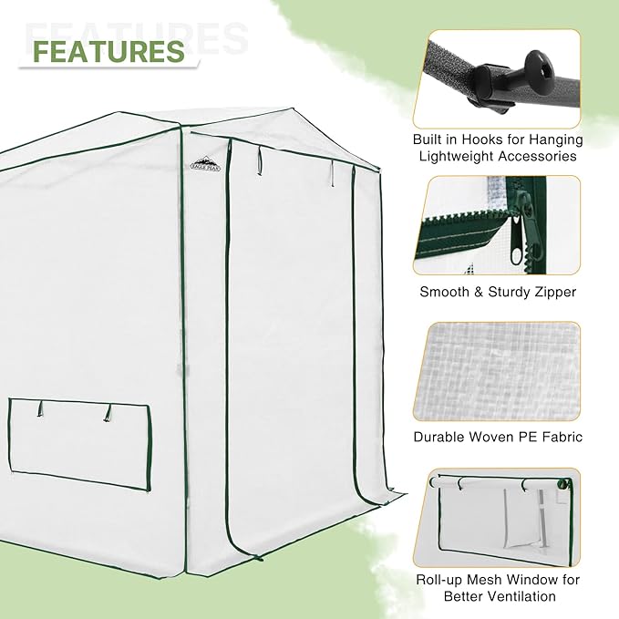 EAGLE PEAK 8x6 Portable Walk in Greenhouse, Pop Up Indoor Outdoor Greenhouse, Green House Kit with Zippered Roll-Up Doors and Windows, Woven Cover, Translucent
