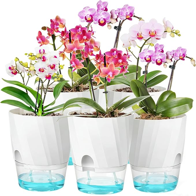KIMCHOMERSE Self Watering Plant Pots, 6 Inch Plant Pots White, 6 Pack Flowers Pot Indoor Planter Pots with Tray for Spider Plant, Orchid, African Violet