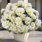 lovemoon 16 Pcs Artificial Geranium Plant with Realistic Silk Flowers and Green Leaves，Faux Geranium Flowers for Indoor Outdoor Home Garden Office Decoration (16, White)