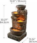 Teamson Home 33.27" Cascading Bowls & Stacked Stones LED Water Fountain for Outdoor Living Spaces, Brown