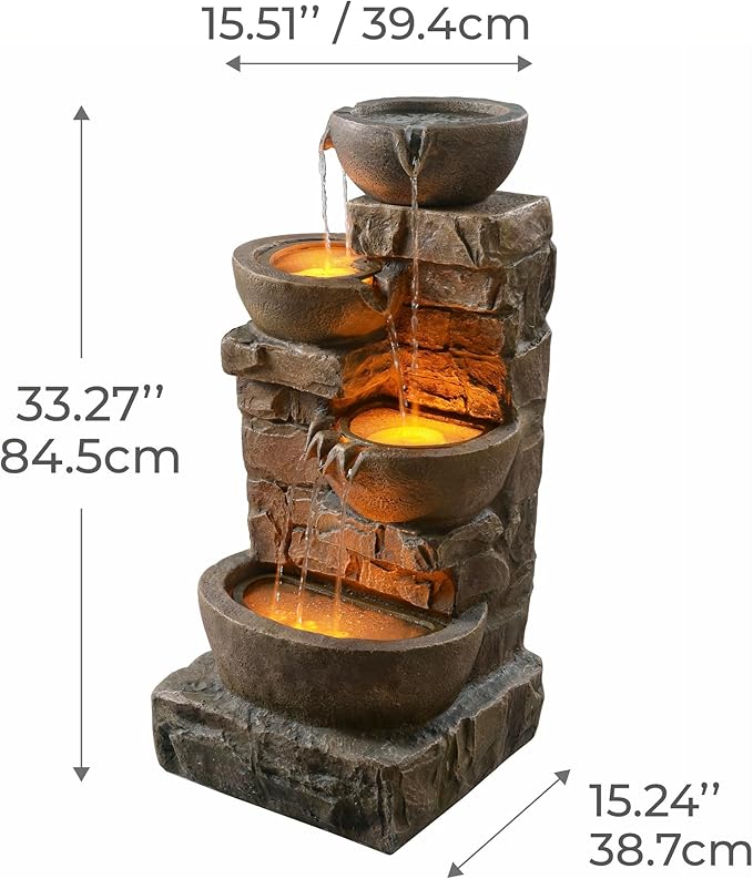 Teamson Home 33.27" Cascading Bowls & Stacked Stones LED Water Fountain for Outdoor Living Spaces, Brown