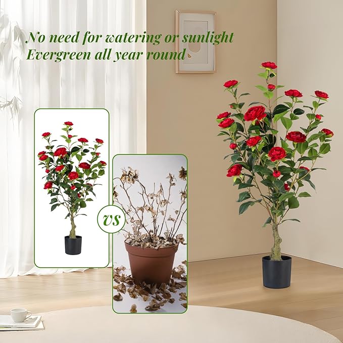 Artificial Camellia Tree 2 Pack, 3FT Faux Camellia Plant in Pot, 36 inch Fake Potted Camellia Flower Tree Plastic Camellia Tree for Modern Home Office Christmas Living Room Floor Decor Indoor, Red