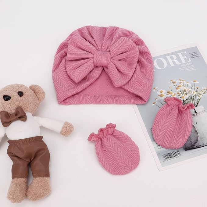 BQUBO Baby Turban Hats and Mittens Set Newborn Infant Hospital Hats Caps with Bows for Baby Boys Girls 0-12 Months