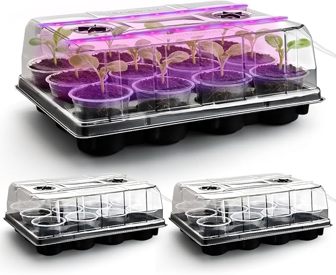 36 Pack 4 Inch Clear Plant Pots & 3 Pack 12 Cell Nursery Pot Trays with Humidity Dome and Growing Lights for Seed Starting, Germination, Seedling Propagation Plant Growing, Sturdy Gardening Kit 3 Sets