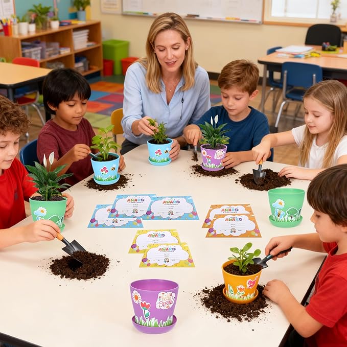30 Pack Garden Paper Pot Craft Kit, Durable Resin Garden Pot with Tray Drainage Holes Adhesive Stickers Certificate of Award with Tag, Flower Plant Spring Craft for Classroom Home DIY Flower Planting