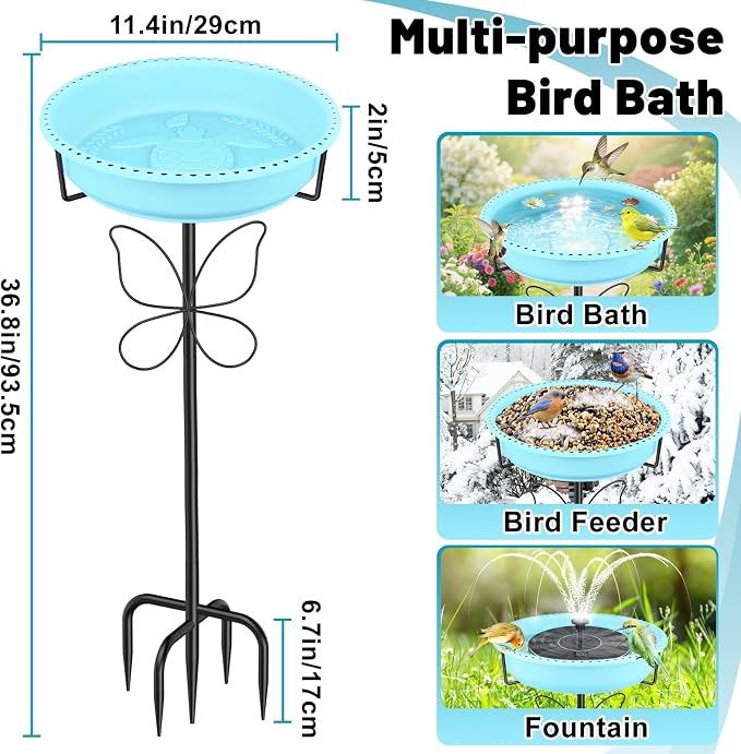 37In Bird Bath for Outside, 2-in-1 Birdbath & Birdfeeder with Detachable Plastic Bowl, Metal Butterfly Stake & Sturdy 5-Pronged Base for Outdoor Garden Yard Decor (Blue)