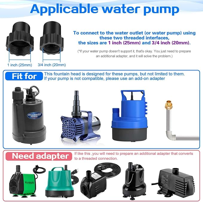Fountain Pump Nozzle kit 8PC Mushroom Spray Head Kit for Pond Pumps - Water Fountain Nozzle Set Submersible, Black