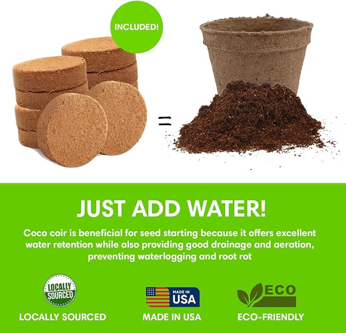 Seedling Starter Kit Germination Grow Cups and Soil (10 Pack) Biodegradable Peat Pots, Coco Coir Soil Discs, Plant Markers - Organic Grow Kit for Seed Germination, Indoor/Outdoor (3)