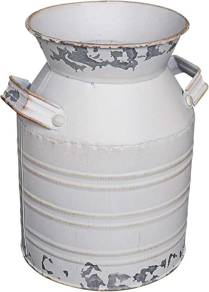 Soyizom Rustic Galvanized Tin Milk Can Decorative White Jug Metal Bucket Flower Pitcher for Farmhouse Decor - Small,7.9"H