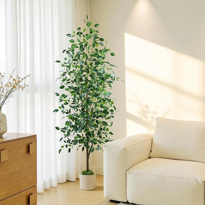 Fake Ficus Tree 6FT, Artificial Tree with Pot for Indoor Outdoor, Lifelike Faux Floor Plants with Moss Topper and Cotton Basket, Home Office Living Room Bedroom Doorway Hallway Decor