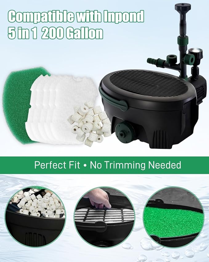 16 Pack Pond Filter Media Kit Compatible with Aquagarden Inpond 5in1 200 Gallon, 12 White Floss Pads, 2 Thick Foam Filters, 2 Bags Ceramic Rings