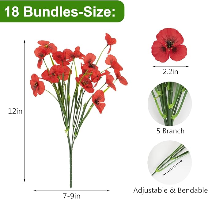 ZAIYW 18 Bundles Artificial Flowers Outdoor Fake Flowers Pansies Faux Artificial Plants for Planter Porch Yard Home Decor (Red)