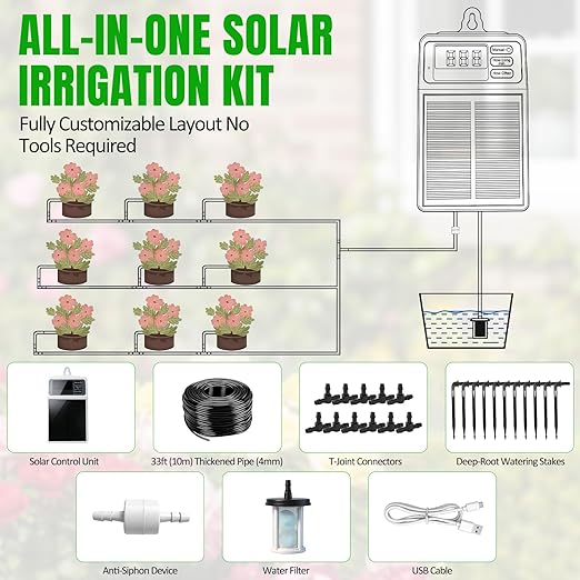 Solar Automatic Drip Irrigation System, Auto Self Watering Kit, Solar Powered Watering Device with Timer for Pots Plants, Indoor/Outdoor Irrigation System for Garden, Balcony & Patio Watering System