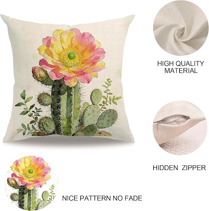 Watercolor Cactus Succulent Pillow Covers 18x18 Inch Set of 4, Colorful Tropical Plant Floral Cactus Cushion Cases, Summer Botanical Flower Throw Pillow Covers,for Sofa Living Room Decor (Green)