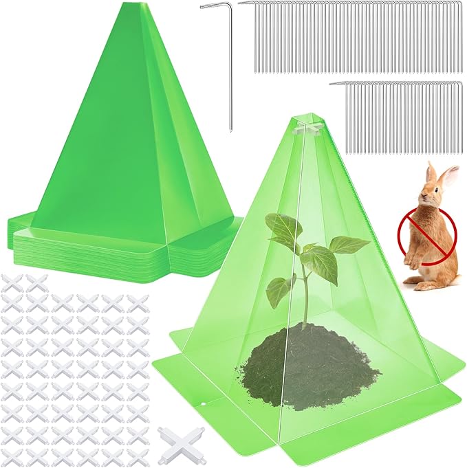 Garden Cloches for Plants, 50 Pieces Reusable Plastic Plant Seedling Protector with 100pcs Metal Stakes, Green Transparent Bell Jar Cloches to Protect Plants from Birds, Slugs, Sun, Freeze Weather