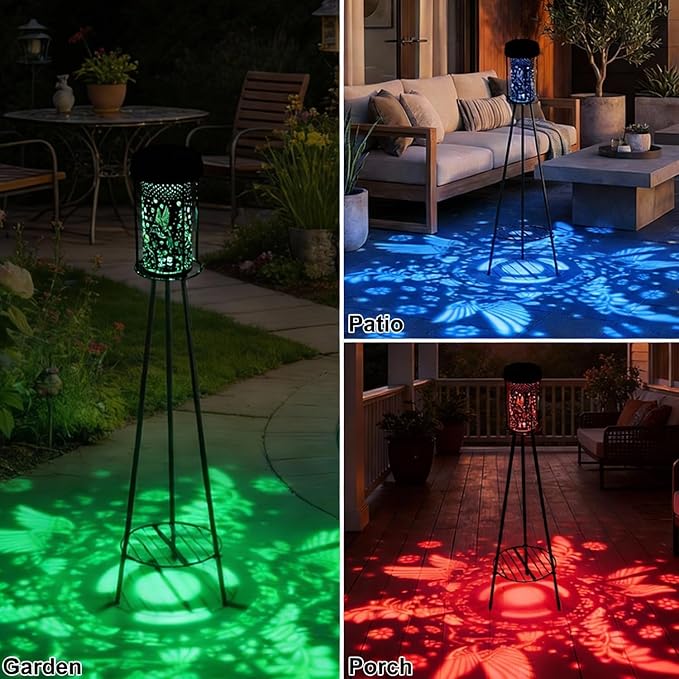 Outdoor Solar Floor Lamps RGB Color-Changing Hummingbird Projection Metal Plant-Stand Garden Light,42.5" Waterproof Decorative Solar Lamp for Patio,Deck,Yard,Porch,Path,2 Pack