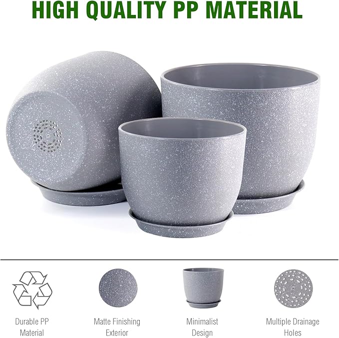 WSMKSZ 10/9/8 inch Plant Pots, Set of 3 Modern Decorative Plastic Planters with Drainage Holes and Saucers for Garden House Plants, Flower Pots for Indoor Outdoor Plants, Speckled Grey