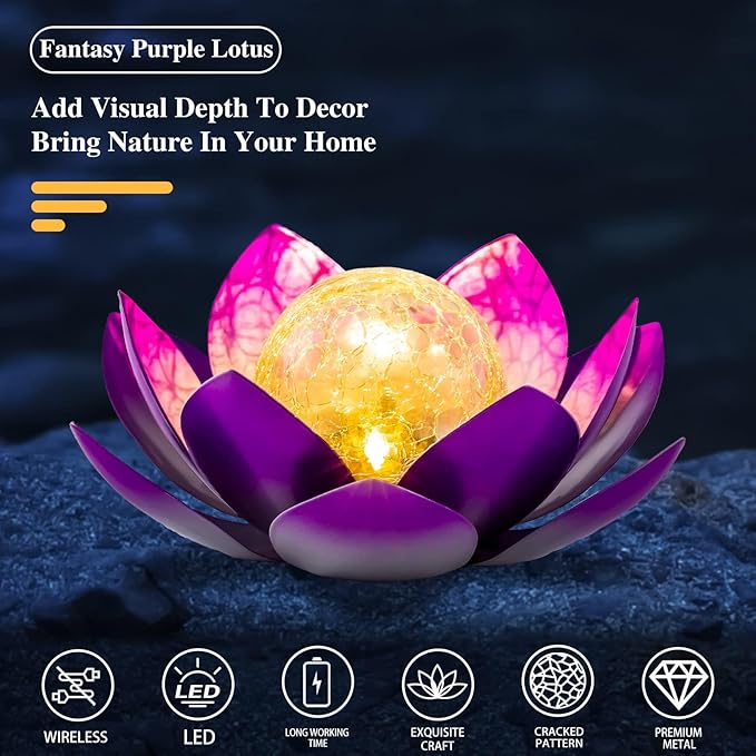 AIINY Solar Light Outdoor(2Pack), Art Crackle Globe Glass Lotus Decoration, Solar LED Waterproof Purple Metal Flower Lights for Patio,Lawn,Walkway,Tabletop