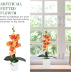 VILLCASE Artificial Orchid Potted Plant Faux Orchid Simulation Flower Orange Desktop Fake Potted Plant Home Office Table Décor Kitchen Living Room