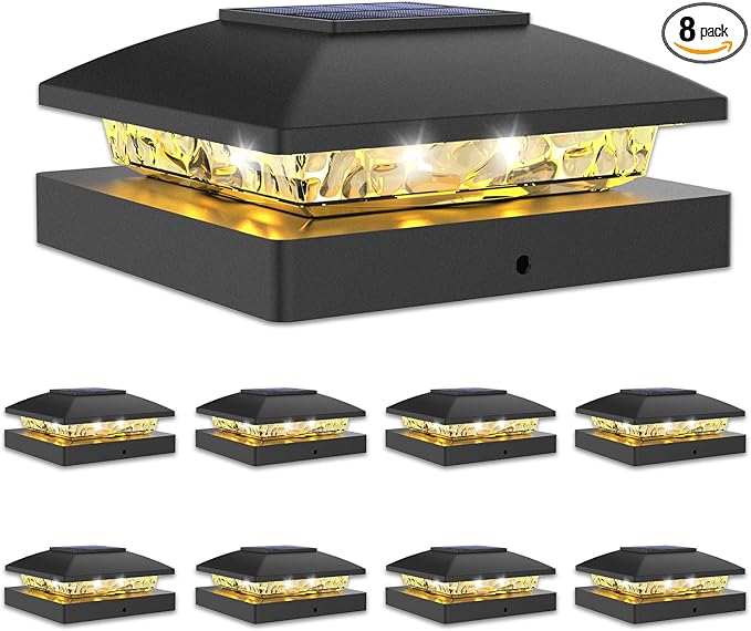 VOLISUN 4x4 Solar Post Cap Light 8pack,Solar Fence - Post Lights Outdoor Waterproof for Wooden/Vinyl Post,Black Deck Post Cap Light Solar Powered with Warm White for Garden/Patio/Porch