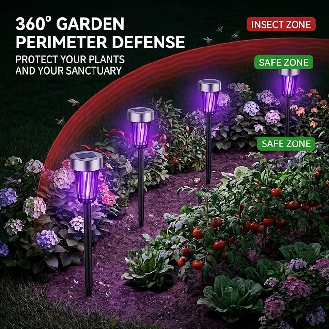 2026 Mosquito Repellent Outdoor Patio Solar Bug Zapper Outdoor Mosquito Zapper for Moths,Gnats,Flies,Small Flying Insect,Electric Fly Zapper for Backyard,Garden,Gnat Killer for Flower Beds,Walkway4PCS