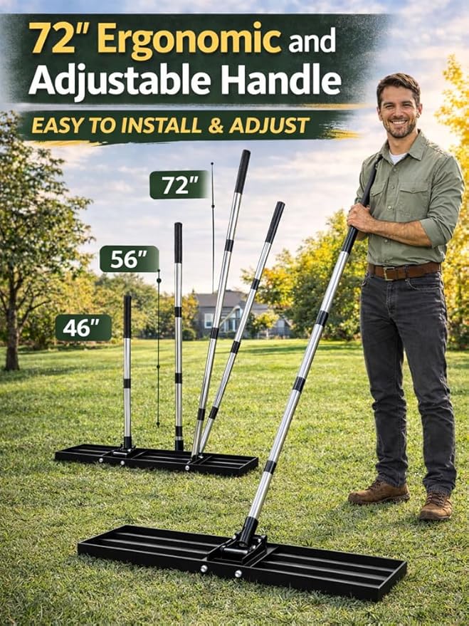 30x10 inch Lawn Leveling Rake, Yumatum 72" Effort Saving Lawn Leveler Tool, Stainless Steel Handle Lawn Leveler for Golf Course Yard Pasture Garden, Professional Lawn Care Landscape Rake
