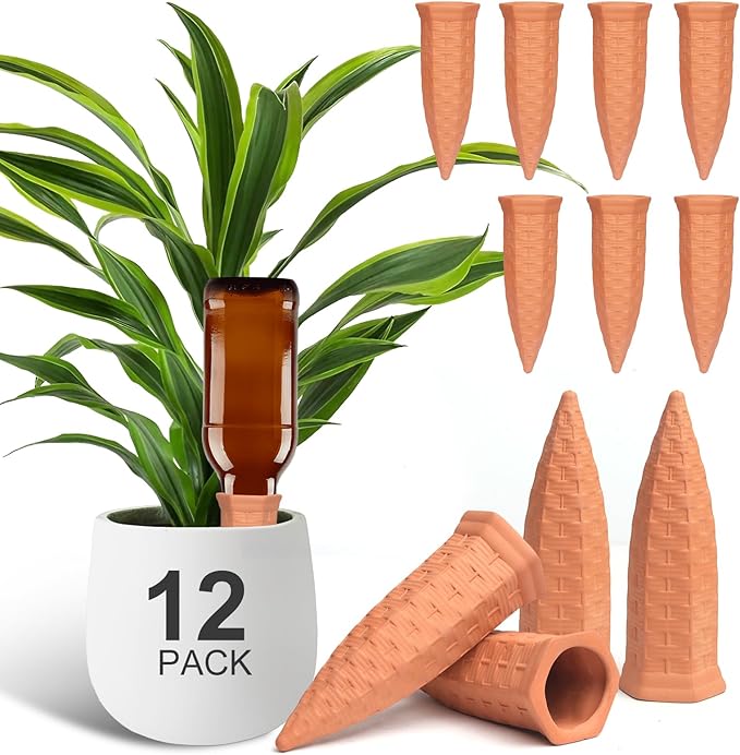 Baxrou Plant Self Watering Stakes 12 Pack Terracotta Watering Spikes for Indoor and Outdoor Plants,Wine Bottle Plant Watering Devices, Automatic Plant Waterers for Vacation