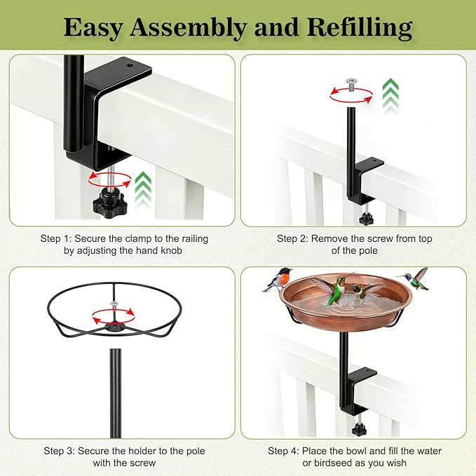 Gtongoko Deck Mounted Metal Bird Bath for Outside, 12 Inch Dia Weather-Resistant Birdbath Bowl for Balcony Fence Railing with Adjustable Clamp Outdoors