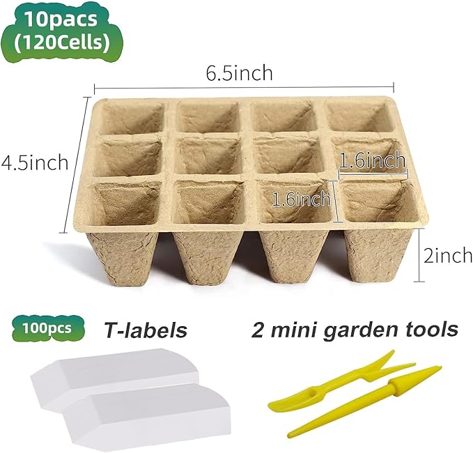 120 Cells Seed Starter Tray, 10 Pack Biodegradable Peat Pots with 100 Labels, Plant Starter Kit for Seedlings