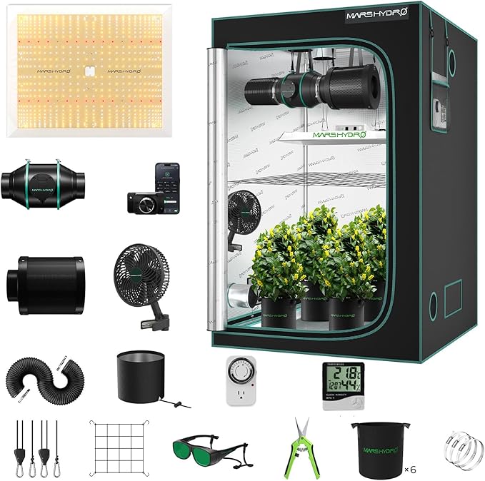MARS HYDRO 4x4 Grow Tent Kit Complete System,300W TSW2000 4x4 Full Coverage Dimmable Light,48"x48"x80" 1680D High Reflective Mylar,6inch 32dB,402CFM Smart WiFi Control Ventilation Kit,10 Speed Fan