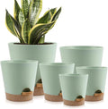 Indoor Self Watering Planters with Drainage Holes and Saucers, 8, 7, 6.5, 6, 5.5, 5 Inches, 6 Pots（Green+Brown