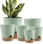 Indoor Self Watering Planters with Drainage Holes and Saucers, 8, 7, 6.5, 6, 5.5, 5 Inches, 6 Pots（Green+Brown