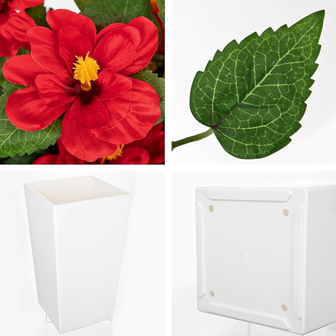 Briful 27.5" Artificial Hibiscus Plant in Tall White Planter, Large Faux Tropical Flower Arrangement for Front Door Porch Patio Balcony Outdoor Indoor Decoration, UV Resistant Fake Red Hibiscus Tree