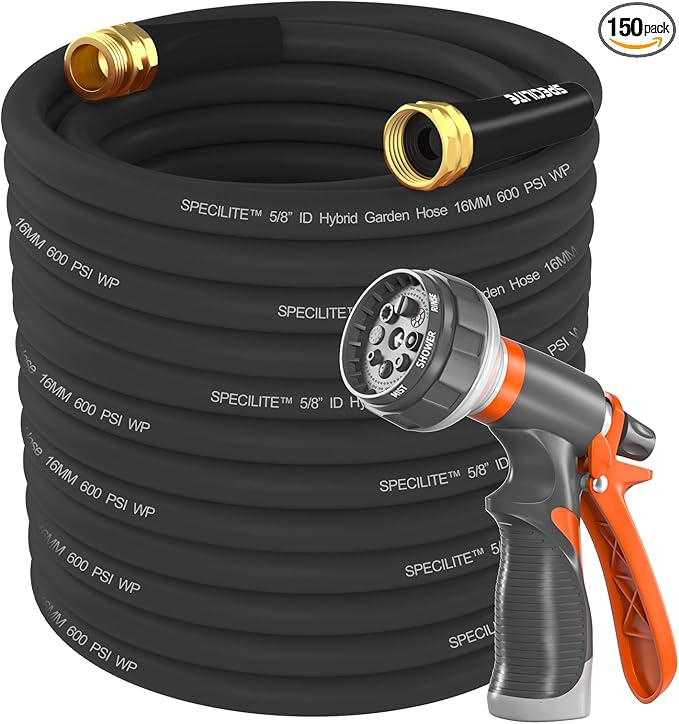 SPECILITE Garden Water Hose 150 ft x 5/8 in Heavy Duty, Flexible and Lightweight, Burst 600 psi, Kink-less Hybrid Rubber Pipe for Backyard, 3/4'' Brass Fittings, Black
