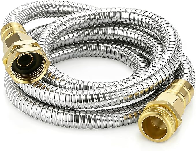 Short Stainless Steel Metal Garden Hose 5 ft, 3/4" Female to Male Solid Brass Connector, Small Leader Hose for Hose Reel, Durable, Flexible, Lightweight, Outdoor Water Hose Extension Adapter