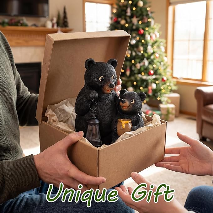 Lavezee Garden Bear Statues 8.9‘’, Mother and Baby Bear Figurines with Solar Lantern for Outdoor Porch Yard Lawn, Unique Bear Gifts for Mom Grandma Women