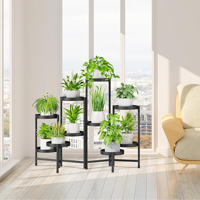 iDavosic.ly Plant Stand Indoor Outdoor, 10 Tier Corner Metal Flower Display Holder Shelf, Folding Tall Orchid Rack for Patio Balcony Porch Garden Living Room House, Black