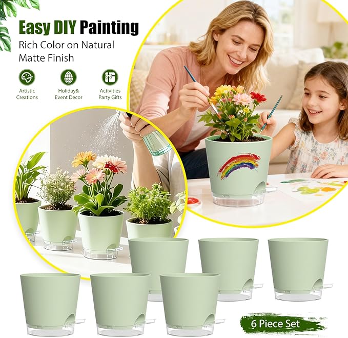 Plant Pots 5 Inch Self Watering Pots,6 Pack Plastic Planters with Drainage Holes and Clear Saucers,Plastic Flower Pots,Nursery Planting Pot for Indoor Out Door Plants (Green)