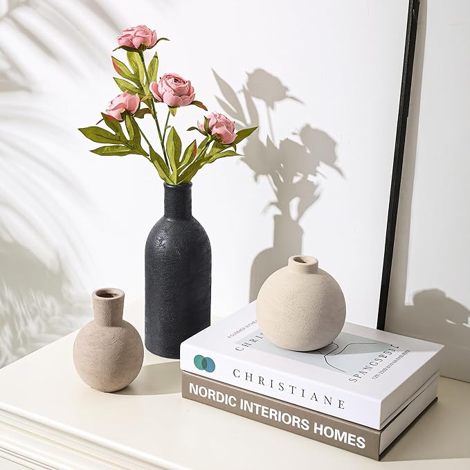 Ceramic Vase Set, Small Rustic Distressed Flower Vase in Pottery Decor, Modern Boho Farmhouse Decor for Pampa Grass, Dried & Fresh Flowers, Decorative Vase for Living Room, Kitchen, Entryway, Black