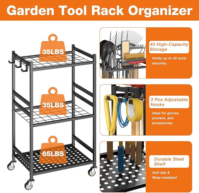Garden Tool Organizer with Wheels, Heavy-Duty Yard Tool Rack with 3 Side Hooks, Holds Up to 40 Long-Handled Tools, Metal Garage Tool Storage for Lawn & Outdoor Organization