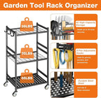 Garden Tool Organizer with Wheels, Heavy-Duty Yard Tool Rack with 3 Side Hooks, Holds Up to 40 Long-Handled Tools, Metal Garage Tool Storage for Lawn & Outdoor Organization