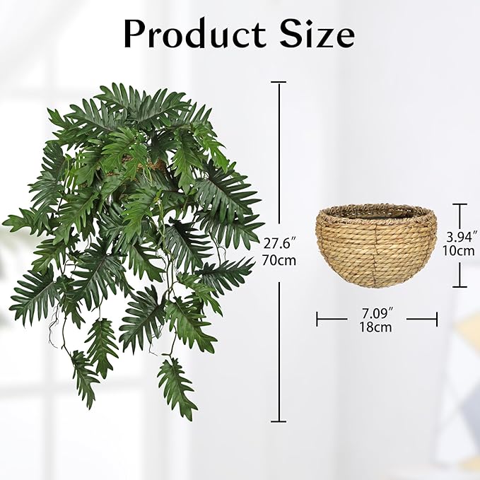 Large Fake Hanging Plants in Pot for Indoor & Outdoor, Long Artificial Monstera Hanging Basket, 27.6" Fake Potted Vines Ivy Greenery Plant for Room Wall Shelf Decor Living Room Bathroom Patio Porch