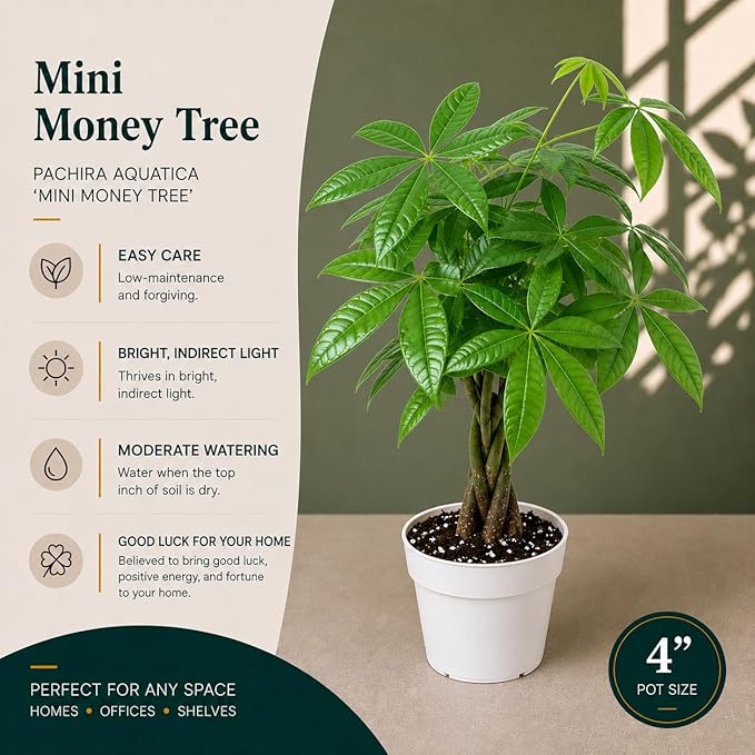 Mini Money Tree Live Plant for Home Decor - Small Money Tree Plant Indoor Houseplant, Small Gift Indoor Plants, Plants Live Houseplants - 4 Inch Pot