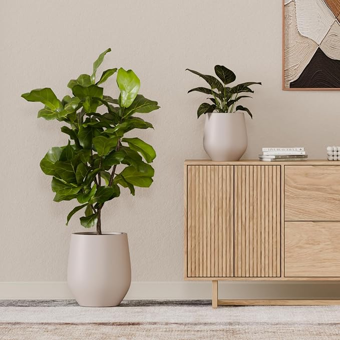 21" H x 19" D Premium Corso Fiberstone Round Tapered Planter with Drainage Hole, Weather Resistant for Indoor and Outdoor Use, Included 2 Extra Coco Mats (Taupe, 15" Pot Opening)