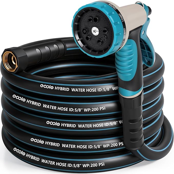 Heavy Duty Garden Hose 25 ft, NON-EXPANDABLE Water Hose with 10 Function Spray Nozzle, Lightweight Kink-less Hybrid Hose with Swivel Handle, Male to Female Fittings