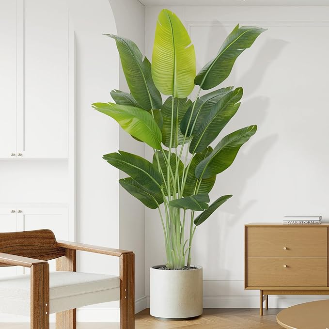 Artificial Bird of Paradise Plant 6.5Ft Tall Fake Tropical Palm Tree Large Fake Plants with 15 Silk Banana Leaves Faux Plant Indoor Decor Trees White Pot for Home Bedroom Living Room Office